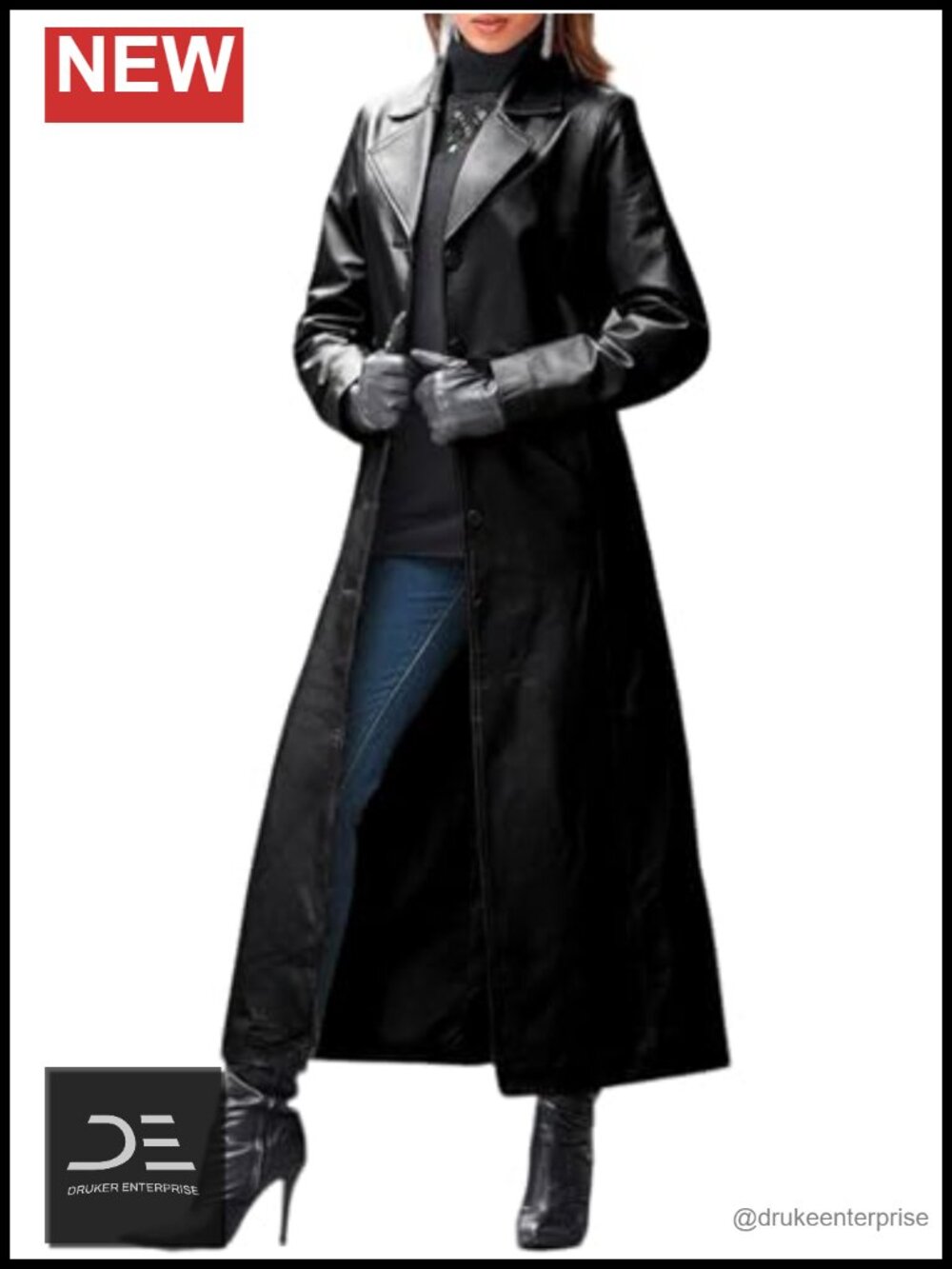 Faux Leather Trench Coat Classic Button Down Maxi Overcoat